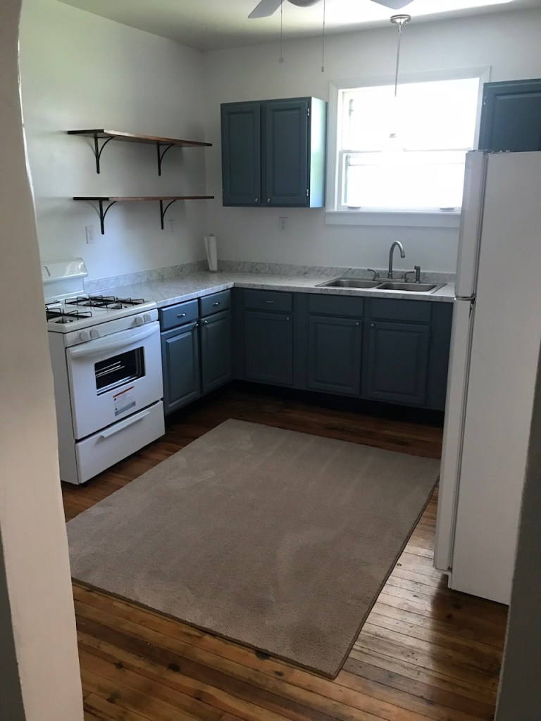 blue kitchen cabinets and fridge and stove in kitchen