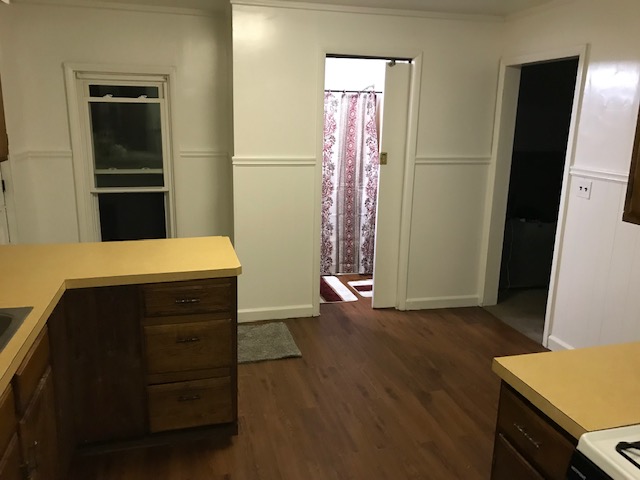 kitchen looking into bathroom with maroon shower curtain