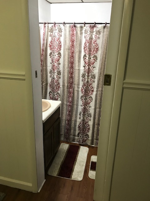 bathroom with maroon shower curtain and rugs