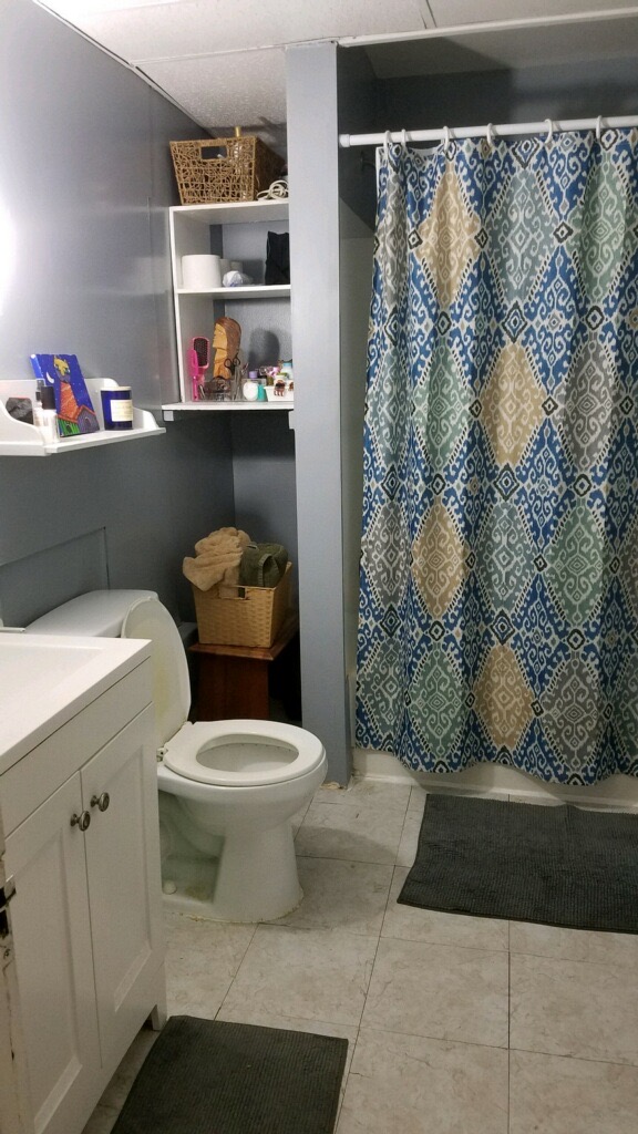 Bathroom with toilet and sink with shelves and blue shower curtain