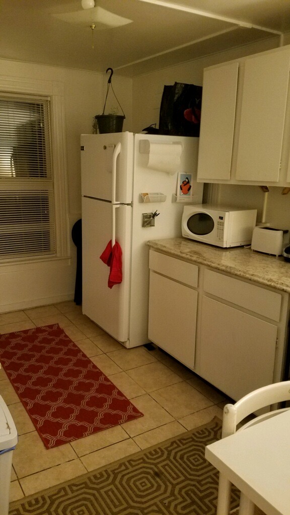 corner of kitchen with fridge and microwave