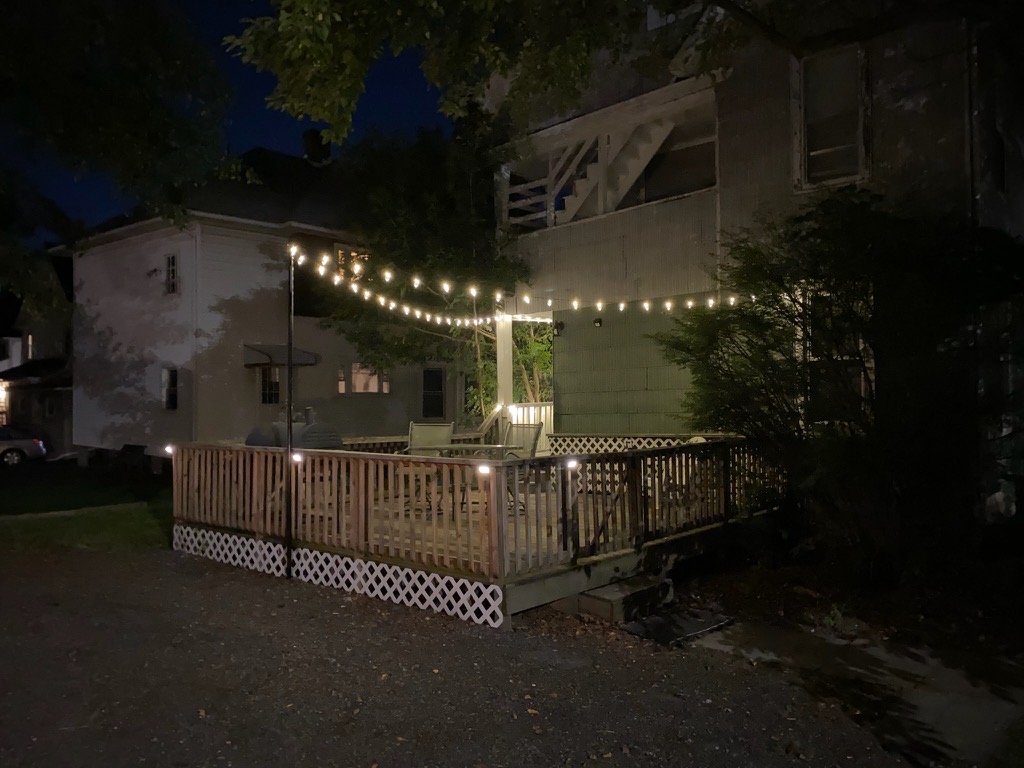 Porch at night with lights
